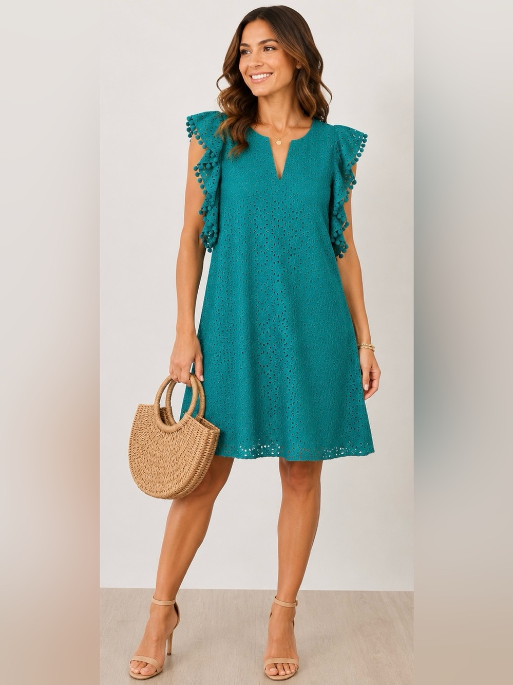 Lilly Pulitzer XL Teal Eyelet Shift Dress Pom Pom Sleeve Coastal Resort